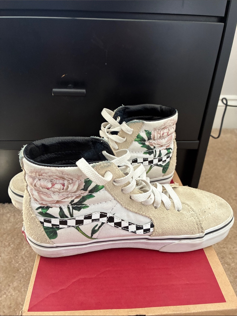 Vans High-Top Floral Checkerboard Sneakers - White/Beige/Black